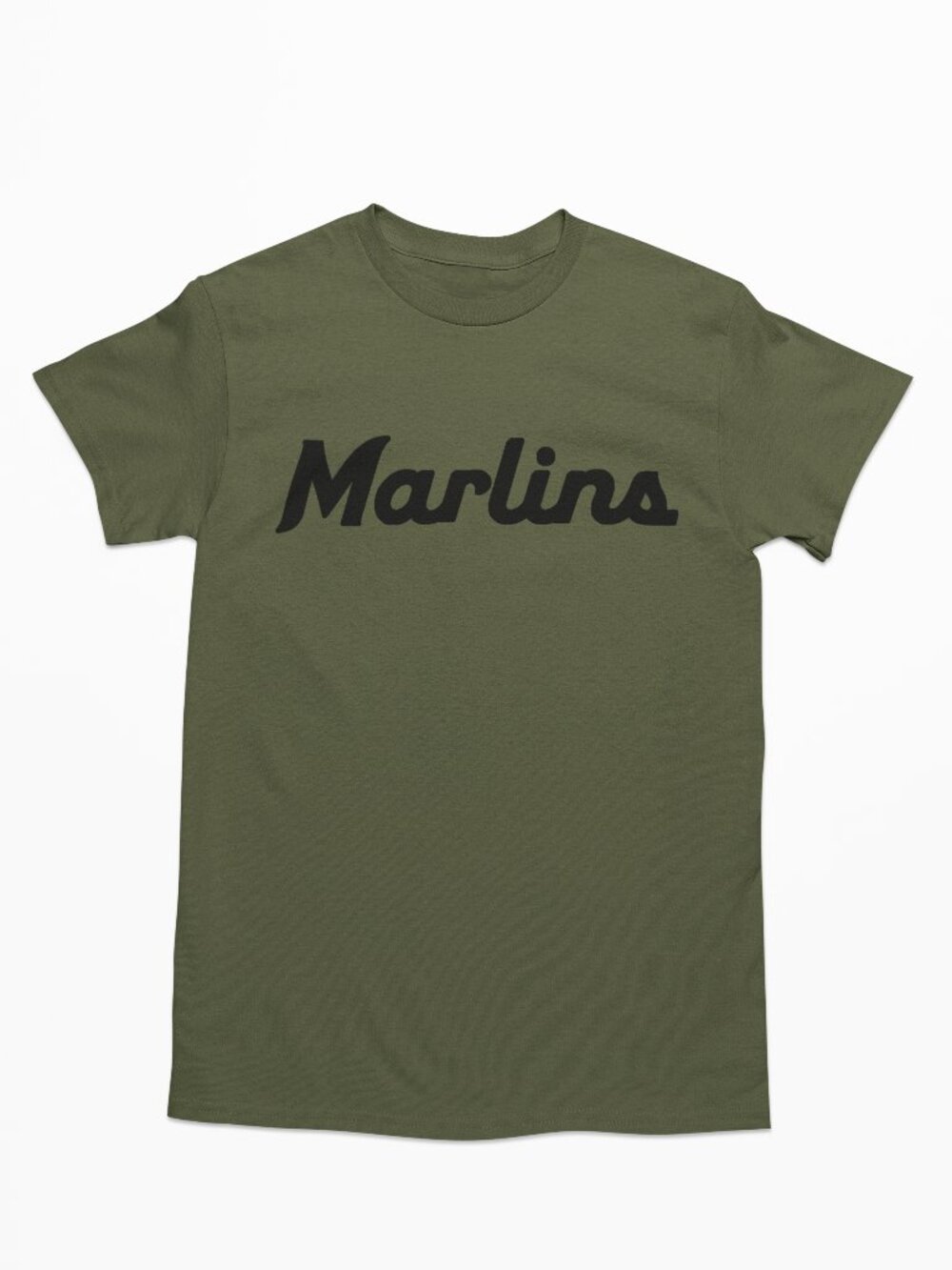 NEW Miami Marlins Script Wordmark Home Logo T-Shirt MILITARY ARMY GREEN